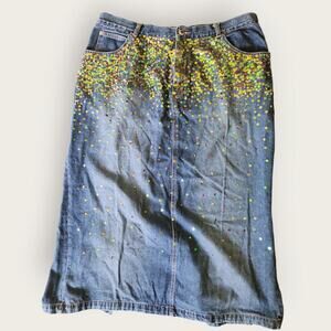 Just Blu Women's 100% Cotton Sequined Maxi Denim Split Hem Pockets Skirt Sz 20W